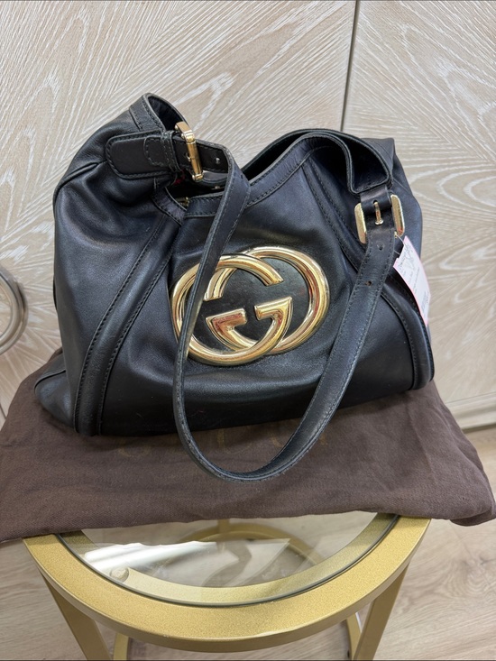 Gucci Handbags - Gucci Black Leather Shoulder Bag with Gold Double G Emblem